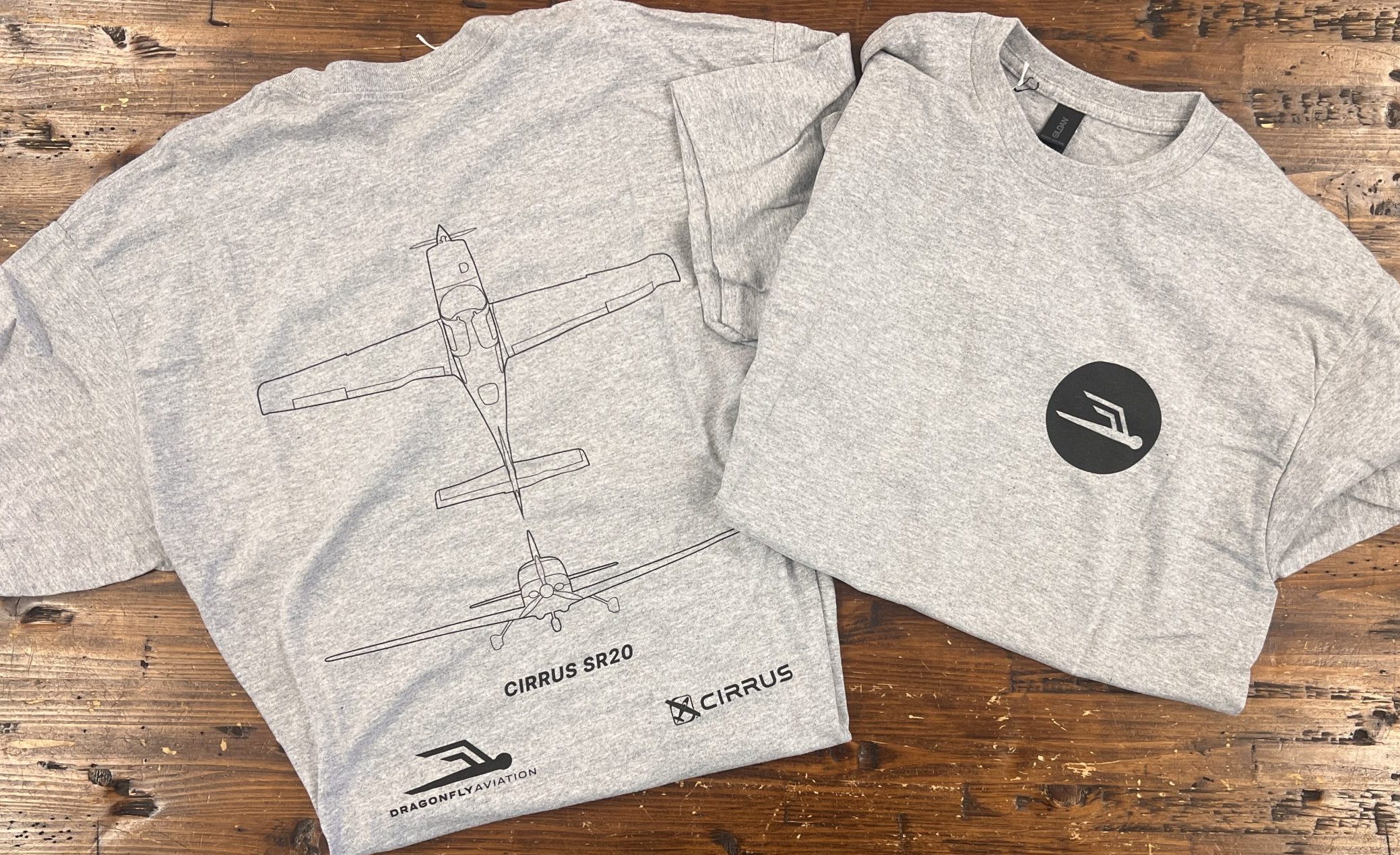 Cirrus SR20 outline t-shirt in Dark Ash Gray featuring front and top aircraft views