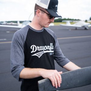 Dragonfly Aviation black and heather gray baseball raglan tee